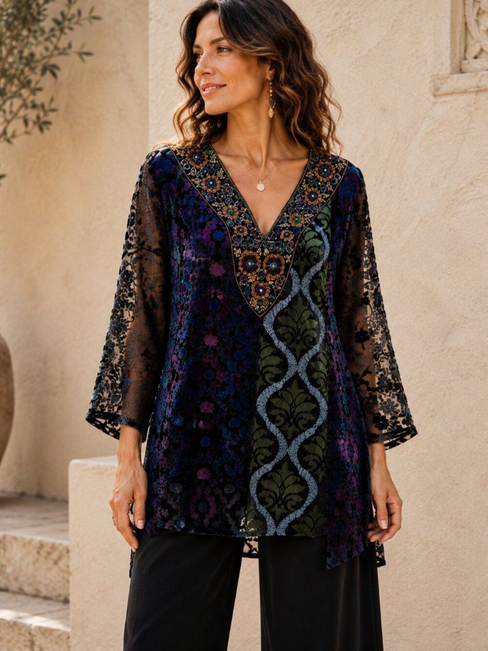 Soft Surroundings Tunic Womens PM Velvet Burnout Beaded V Neck Sheer Boho Top